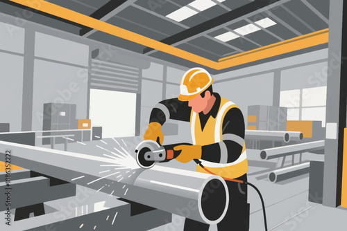 Illustration Of A Worker Wearing Safety Clothing Cutting A Pipe Using A Grinder Vector Design Template