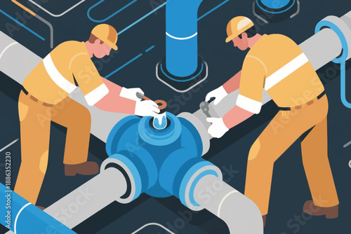 Illustration Of A Work Team Inspecting A Damaged Pipe Vector Design Template