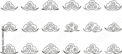 Decorative cloud swirl line icons set featuring oriental style ornamental curves vector outline symbols collection design