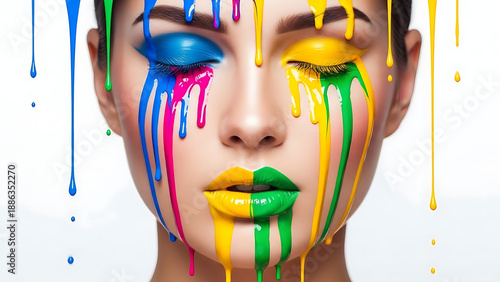 Artistic fashion portrait of a woman's face covered in dripping vibrant paint in blue pink and yellow colors for creative beauty concepts.