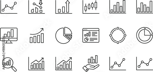 Business analytics line icons set showing charts graphs statistics growth performance data visualization vector outline collection