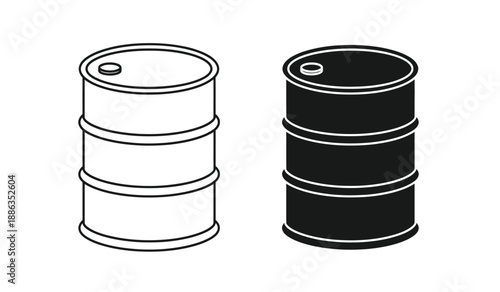 Two oil drums one black and one white in a line drawing style