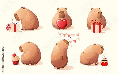 A set of cute capybaras for Valentine's Day. Vector.
