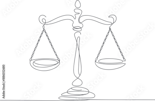line art of a balance scale, minimal continuous line art of balance scale, justice balance scale icon, vector illustration concept.