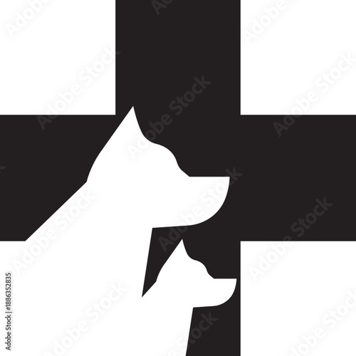 Veterinary medical pet care icon in black flat style. Animal clinic healthcare paw heart symbol, dog hospital treatment cross logo. Pharmacy vector illustration isolated on transparent background.