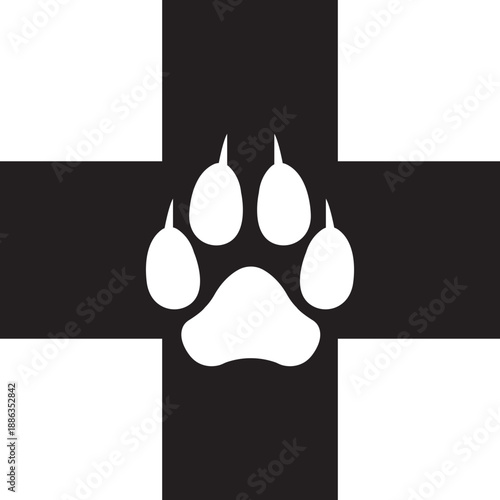 Veterinary medical pet care icon in black flat style. Animal clinic healthcare paw heart symbol, dog hospital treatment cross logo. Pharmacy vector illustration isolated on transparent background.