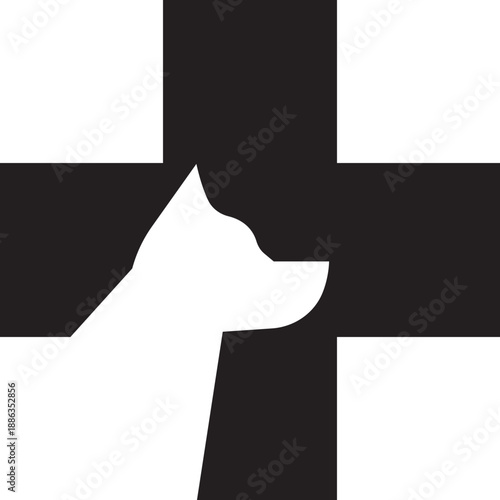 Veterinary medical pet care icon in black flat style. Animal clinic healthcare paw heart symbol, dog hospital treatment cross logo. Pharmacy vector illustration isolated on transparent background.