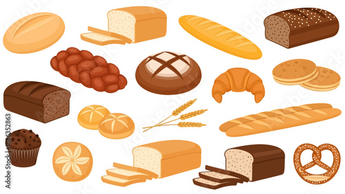 A delicious variety of baked goods is arranged here, featuring sliced loaves, crusty baguettes, a braided bun, a croissant, and a pretzel, all illustrated in warm, appetizing golden-brown tones