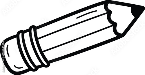 A black and white illustration of a pencil with a pointed tip and eraser on a white background