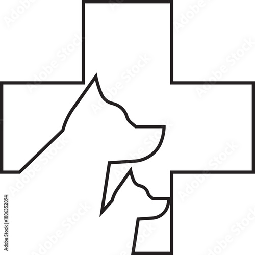 Veterinary medical pet care icon in black outline style. Animal clinic healthcare paw heart symbol, dog hospital treatment cross logo. Pharmacy vector illustration isolated on transparent background.