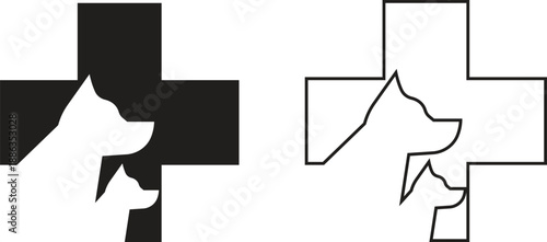 Veterinary medical pet care flat and outline icon set. Animal clinic healthcare paw heart symbols, dog hospital treatment cross logo. Pharmacy vectors illustration isolated on transparent background.