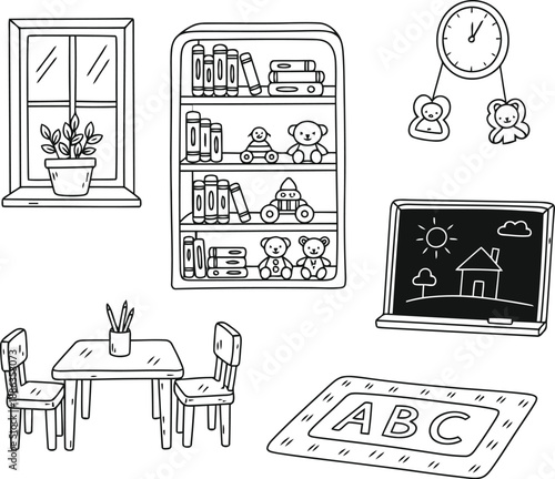A black and white illustration of a classroom setting with various educational elements on a white background