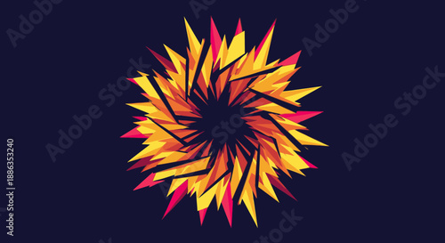 A vibrant abstract explosion of sharp geometric shards in fiery yellow, orange, and magenta hues creates a dynamic, energetic visual against a deep nocturnal background.