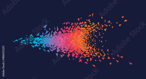 A vibrant swarm of colorful abstract particles forms a dynamic arrow shape, illustrating concepts of movement, direction, and transformation against a dark background.