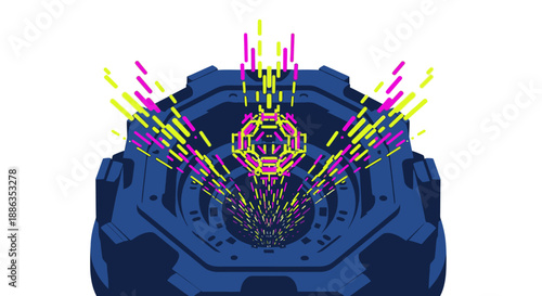 A vibrant digital energy burst emanates from a futuristic blue device, creating a dynamic abstract spectacle of light and technology.