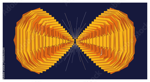 Abstract design featuring symmetrical orange and yellow layered shapes expanding from a central point, symbolizing dynamic energy, technology, and the future.