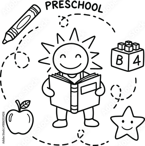 Colorful illustration of a happy preschool child reading a book surrounded by learning objects like a pencil, apple, block, and star, isolated on white background