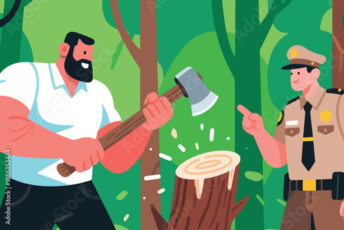 Illustration Of A Forest Ranger Reprimanding Illegal Tree Miners Vector Design Template