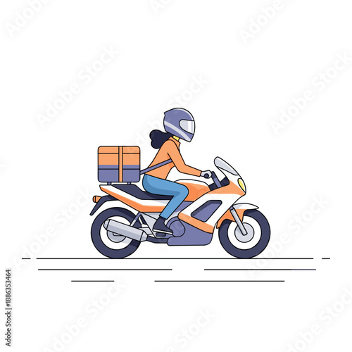 Female motorcycle courier delivering packages on street  