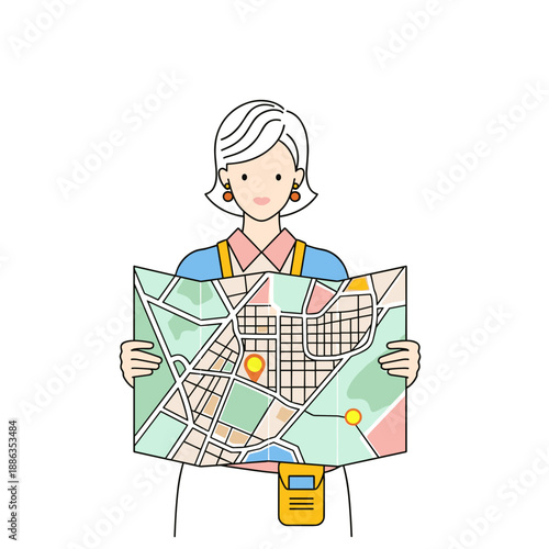 Female guide holding a city map and looking attentive in casual attire  