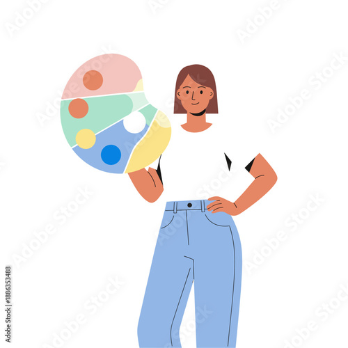 Female decorator holding a color palette and smiling in modern attire  