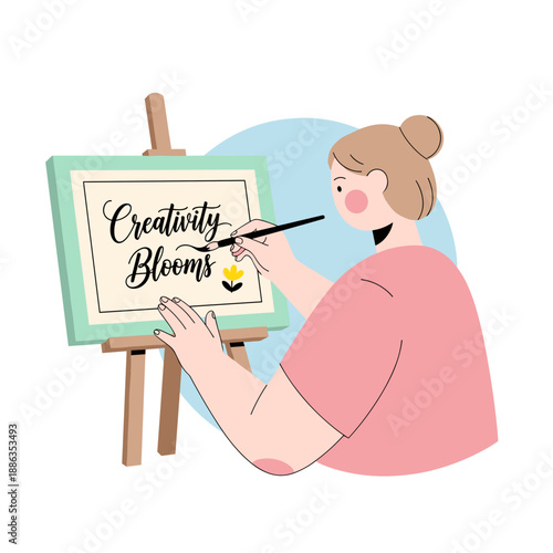 Female artist painting calligraphy on easel with floral design  