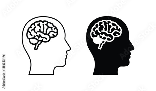 Two human head silhouettes with brains visible, one black and one white, side by side on a plain