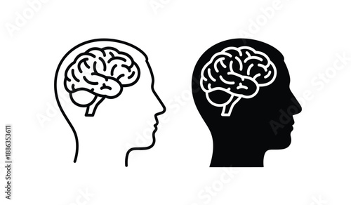 Two human head silhouettes with brains visible, one in black and white and the other in black, side view