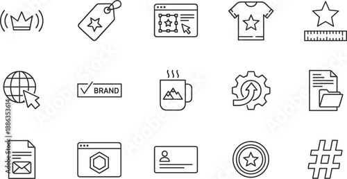 Branding and marketing line icons set featuring identity labels tags web design promotion vector outline symbols collection