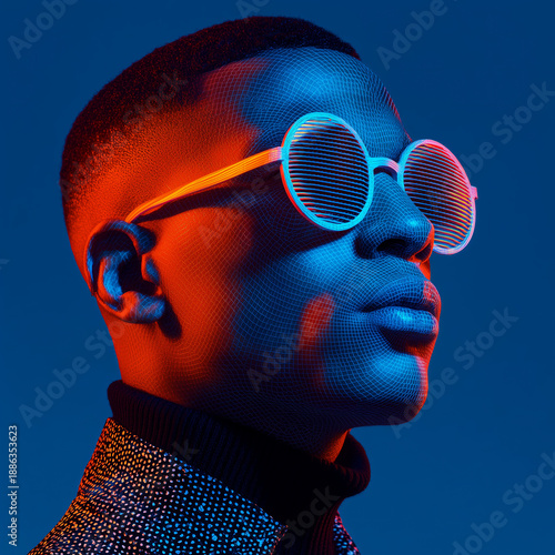 Futuristic man portrait wearing round neon glasses in dramatic lighting