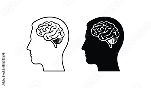 Two human head silhouettes with brains visible, one outlined and one filled, side by side
