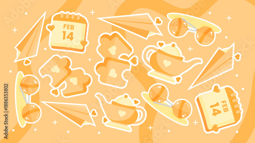 Bright yellow pattern with February 14 calendar and paper plane stickers for romantic themes