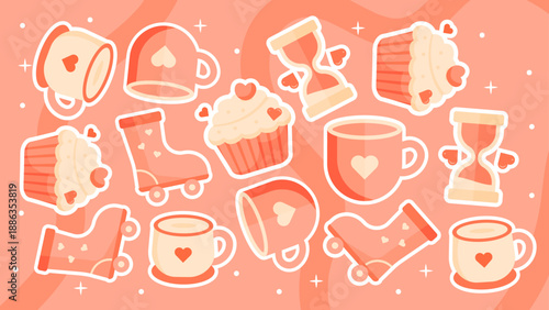 Fun pastel pattern including sweet cupcakes and retro roller skate stickers for Valentine