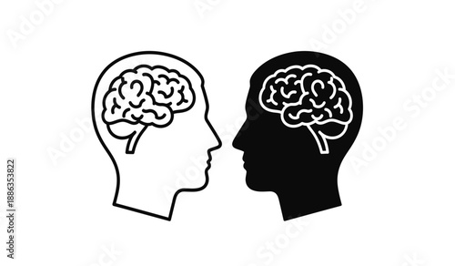 Two human heads facing each other with brains visible in profile view