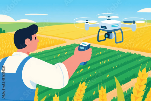 Illustration Of A Drone Being Flown By A Farmer To Monitor His Rice Fields Vector Design Template