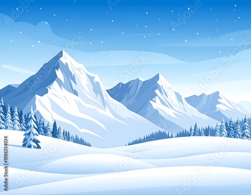 Snowy mountains under a blue sky dotted with stars, evergreen trees sit on the snow covered hills