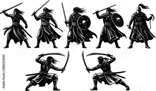 Black and white silhouette vector set of fantasy medieval warriors and knights in dynamic combat poses wielding swords and shields for gaming and adventure.