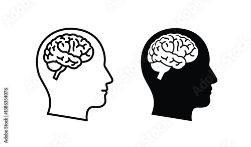 Two human heads with brains visible in profile view, one outlined and one filled, representing contrasting thoughts or ideas