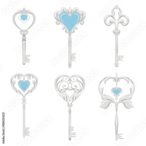 Vector set of silver keys with hearts and jewelry. Festive collection of vintage metal keys clip arts. A Valentine Day symbol
