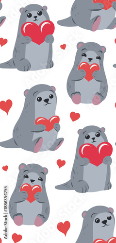 Childish vector seamless pattern with otter with hearts. Pet for Valentine Day. Festive texture of cute naive hand drawn animal
