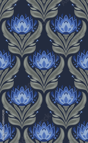 Vector seamless floral pattern with stylized lotus blue flowers on dark background. Decorative floral folk art style texture