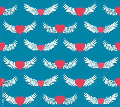 Vector seamless pattern with hearts with angel wings on blue background. Festive texture with love symbol in the air