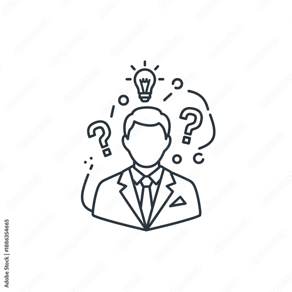 Obraz premium Man with Lightbulb and Question Marks.