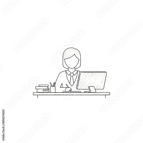 Woman Working on Computer at Desk.
