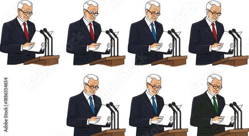 Professional vector illustration set of a senior male politician in a suit giving a speech at a podium with microphones and documents.