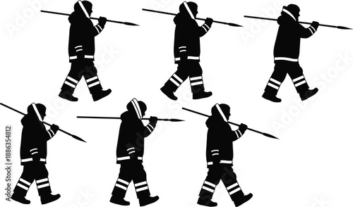 Black and white silhouette vector illustration of a group of indigenous hunters or Arctic explorers walking in winter gear carrying traditional spears.