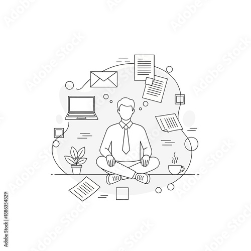 Man Meditating with Office Items Surrounding.