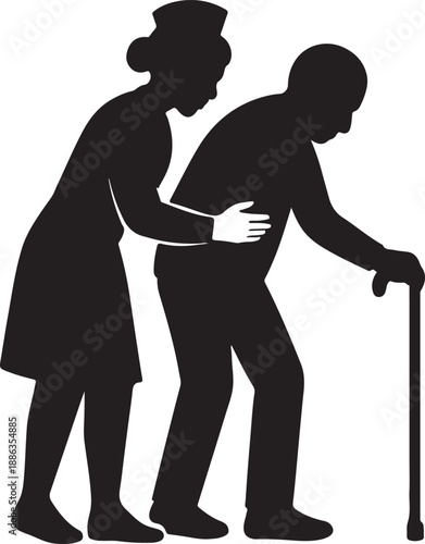 Elderly woman assisting senior man with walking cane support