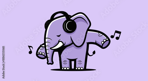 Cartoon elephant wearing headphones listening