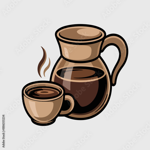 Ethiopian Coffee Vector Illustration of Traditional Coffee Pot and Cup with Steam